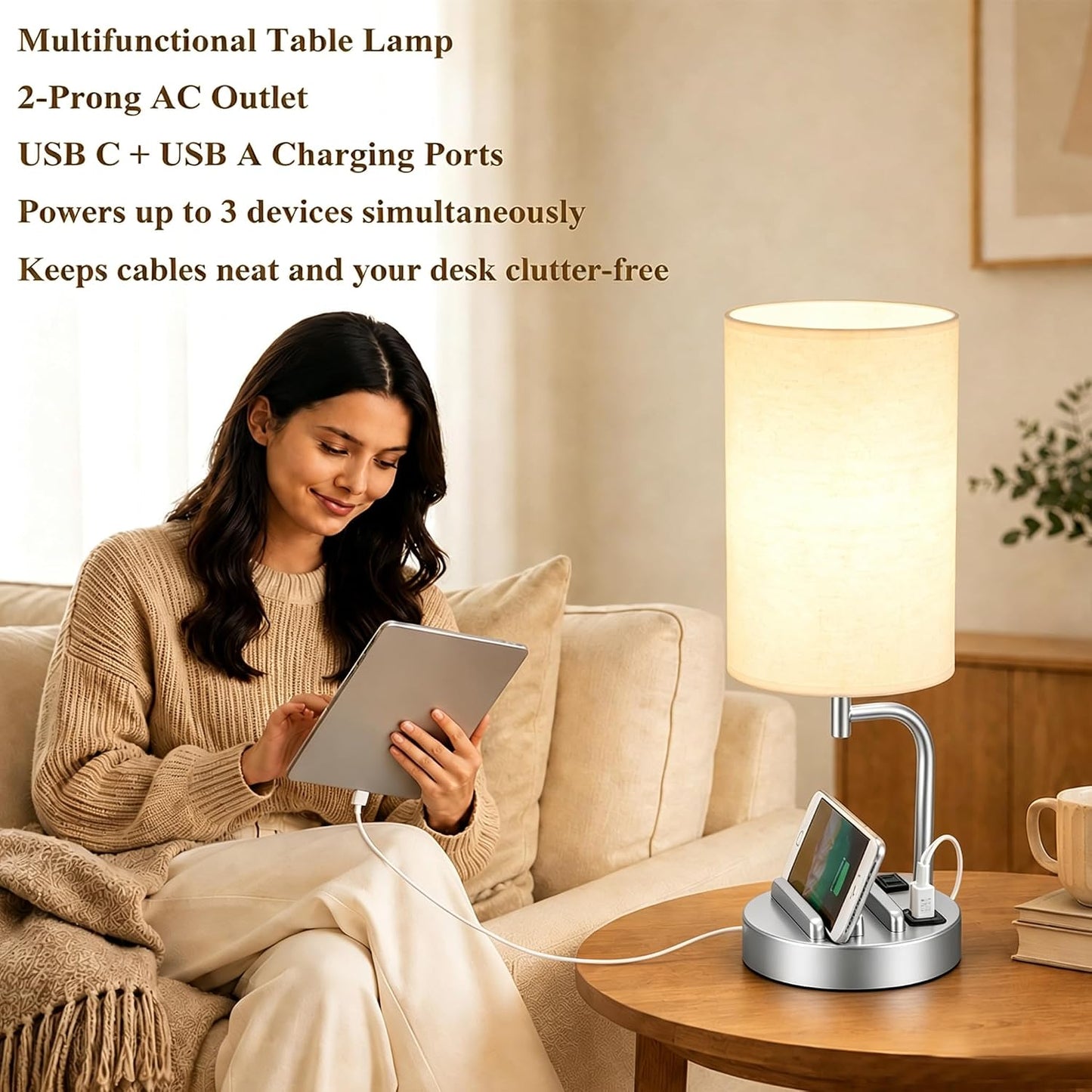 Dreamholder Touch Control USB Table Lamp with USB C/A & AC Outlet, 3-Way Dimmable Bedside Lamp, Modern Nightstand Lamps for Bedroom Living Room Guest Room Office, Bulb Included, Gold