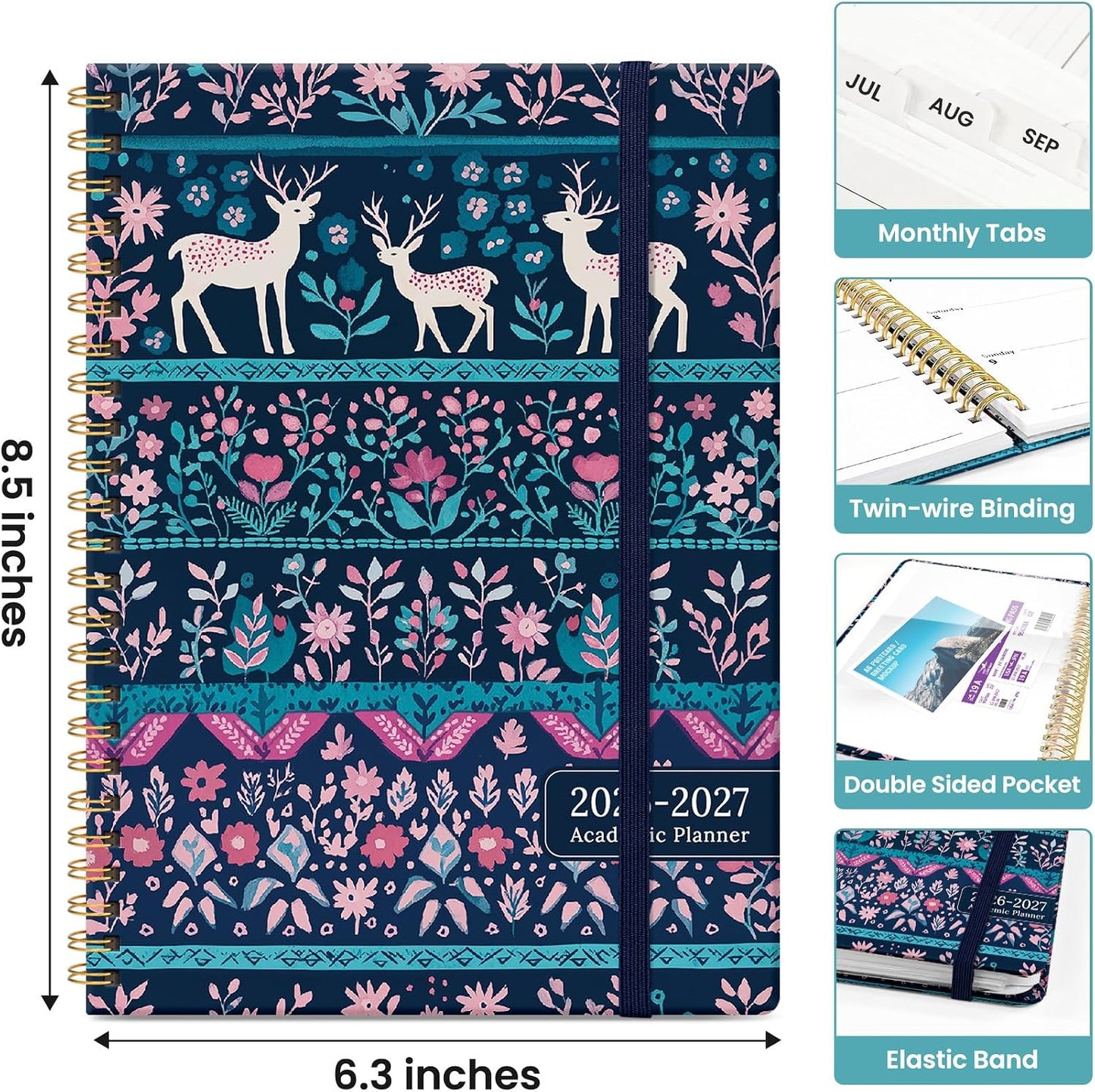 Planner 2026-2027, Academic Monthly and Weekly Calendar Planner for Women, July 2026 - June 2027, Hardcover Pretty Agenda Planner Book with Tabs, Spiral Daily Organizer for School Office Home Supplies, 6.3" x 8.5" - Blue Floral