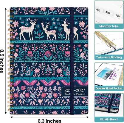 Planner 2026-2027, Academic Monthly and Weekly Calendar Planner for Women, July 2026 - June 2027, Hardcover Pretty Agenda Planner Book with Tabs, Spiral Daily Organizer for School Office Home Supplies, 6.3" x 8.5" - Blue Floral