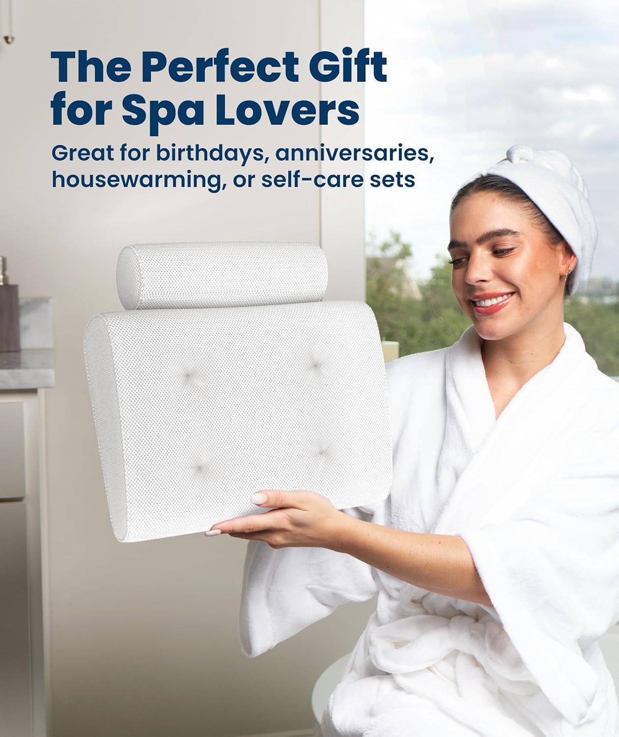 Everlasting Comfort Luxury Bath Pillows for Tub with Head and Neck Support - Non-Slip Bathtub Pillow with Suction Cups, Quick-Drying Mesh & Drying Hook - Jacuzzi & Spa Accessories for Women - Gray