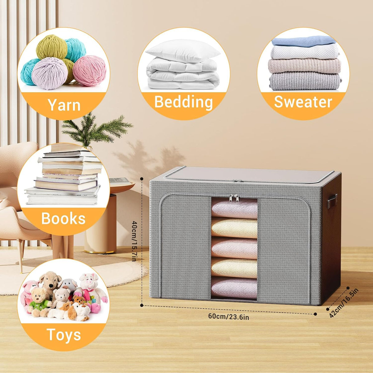 Clothes Storage Bins with Metal Frame Foldable Storage Box Clothes Organizers Storage Containers for Clothes Sheets Blankets Books Toys Gifts and Holiday Decorations (66Lx3 Pack)