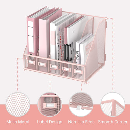 SUPEASY Desk Organizers Metal Desk Magazine File Holder with 5 Vertical Compartments Rack File Organizer for Office Desktop, Classroom, Home Workspace, Black