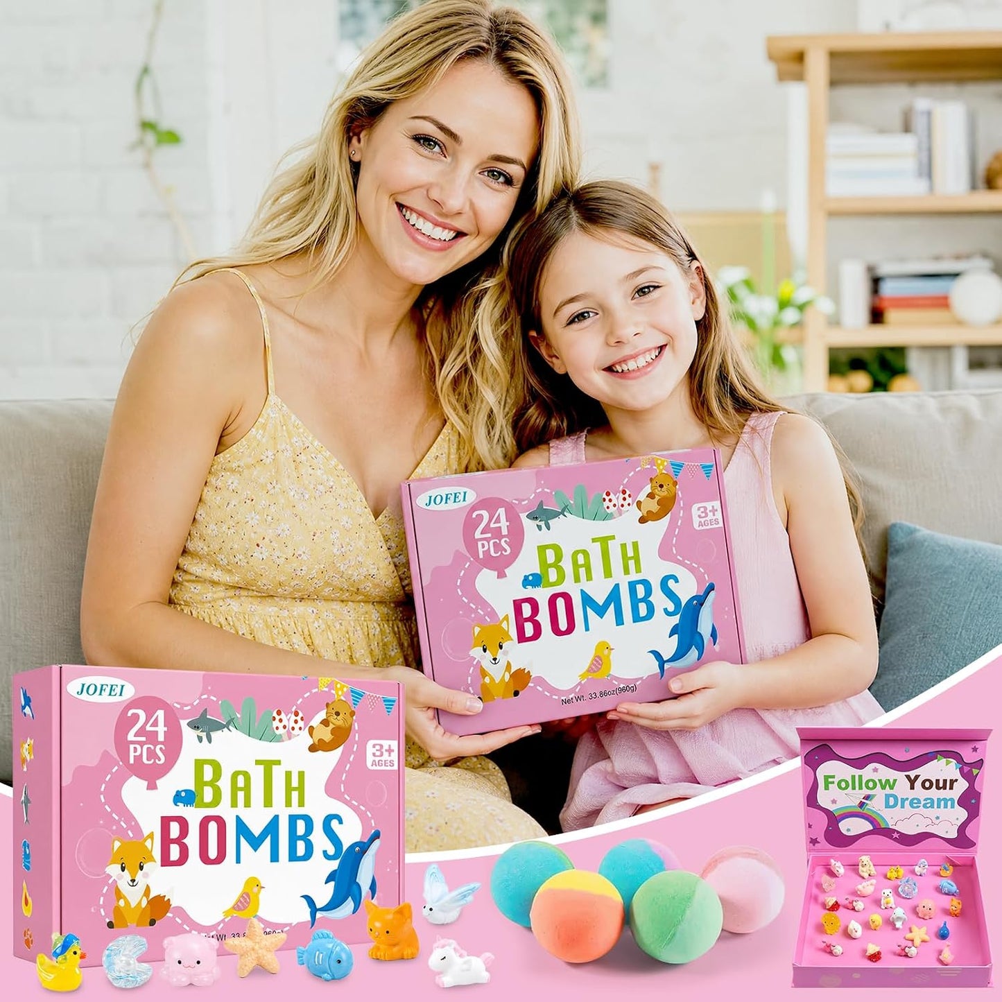 Bath Bombs for Kids with Surprise Inside, 24 Pack Kids Bath Bombs with Toys Inside Gift Set, Kid Bubble Bath Fizzy for Girls Boys with Bath Toys