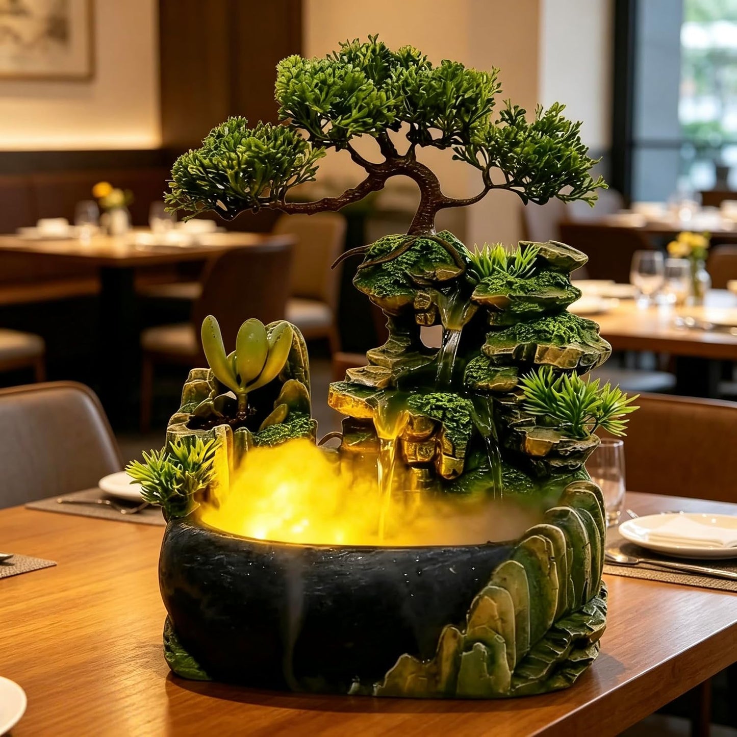 Mini Artificial Bonsai Tree Waterfall Fog Feature Rock Tabletop Fountain | 11in Desktop Decor Waterfall Fountain W/ Water Pump& Atomizer&LED Lights &Fake Tree Office Bedroom Relax