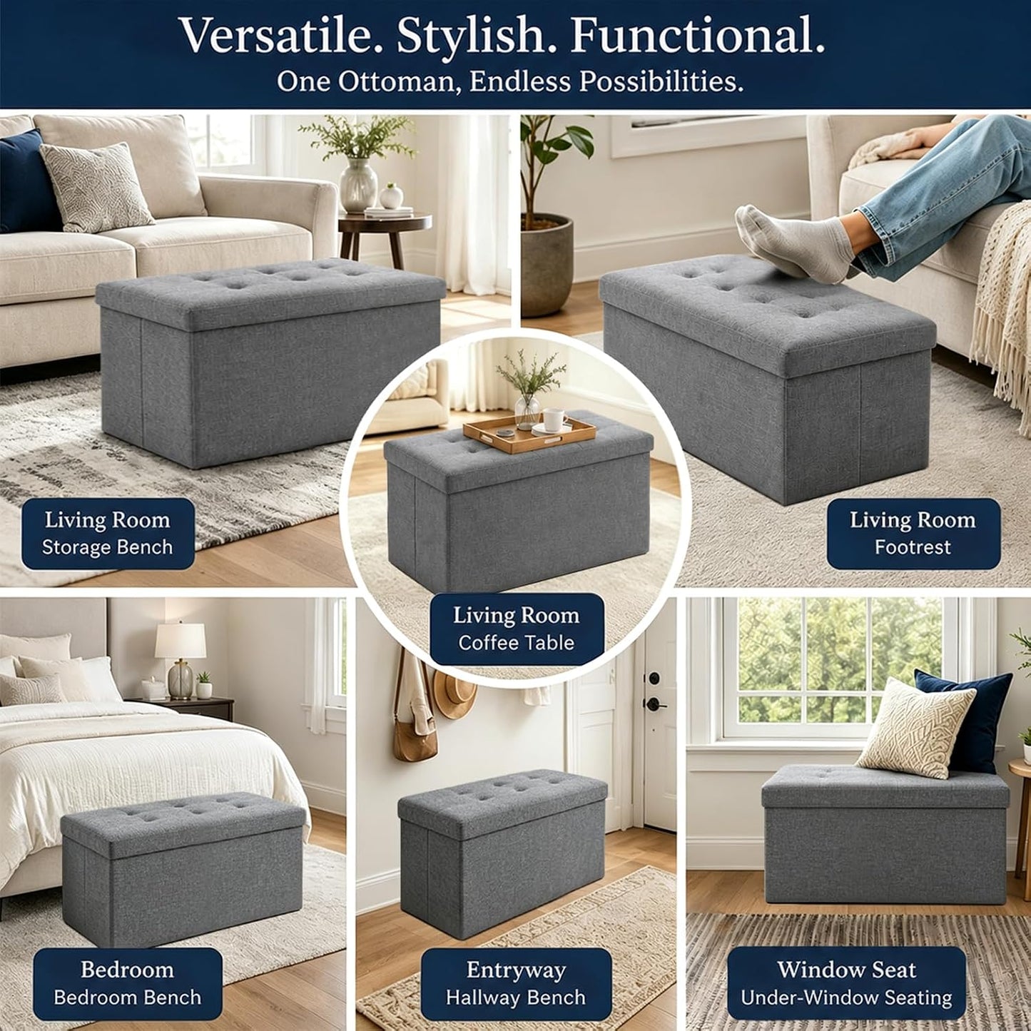 ALASDO Storage Ottoman Footrest Stool Small Ottoman with Storage Foldable Ottomans Foot Rest Footstool Bench for Living Room 17x13x13inches Grey