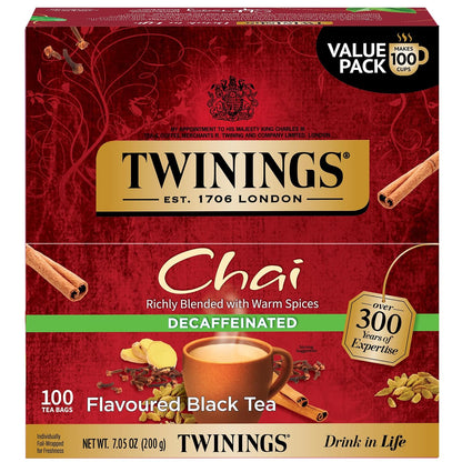 Twinings Decaffeinated Chai Individually Wrapped Bags, 100 Count (Pack of 1), Sweet, Savoury Spices, Enjoy Hot or Iced, 100 Teabags