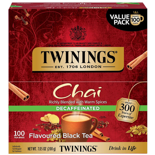 Twinings Decaffeinated Chai Individually Wrapped Bags, 100 Count (Pack of 1), Sweet, Savoury Spices, Enjoy Hot or Iced, 100 Teabags