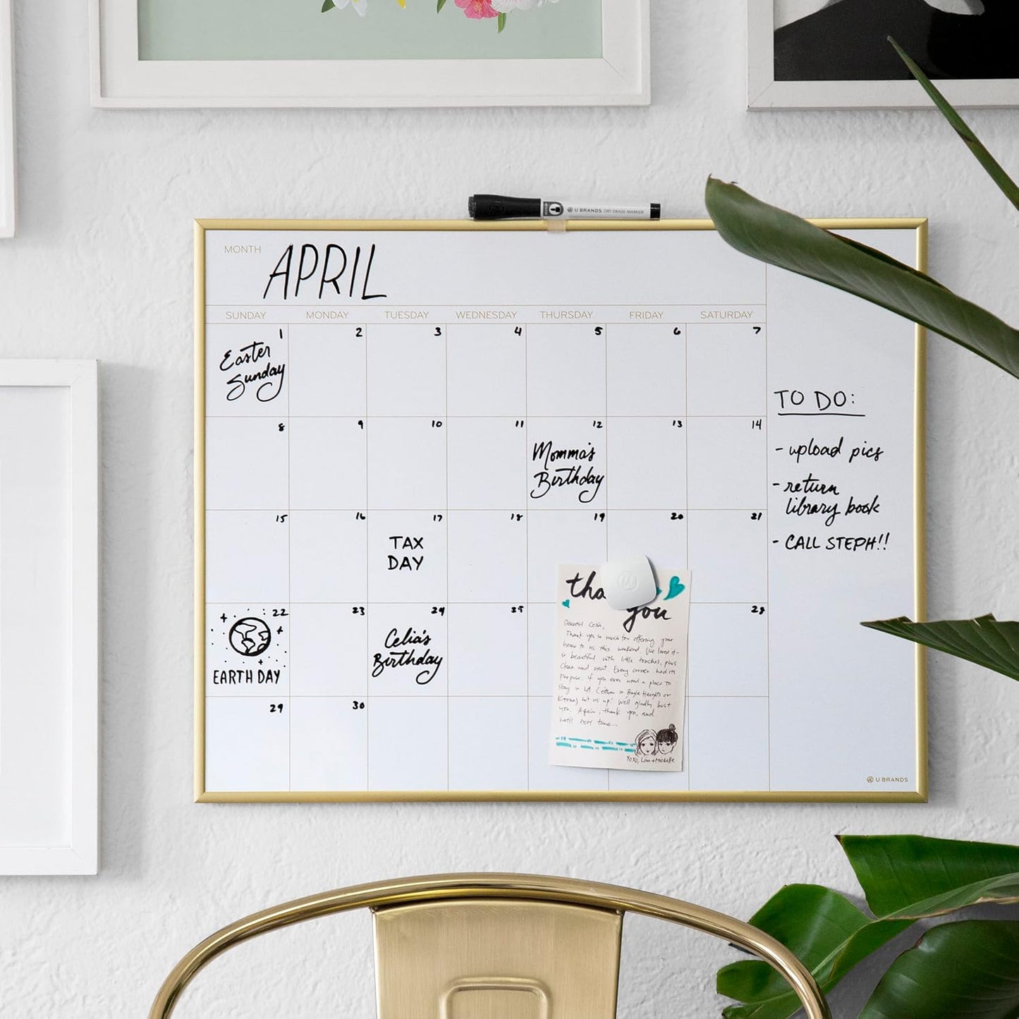 U Brands Magnetic Dry Erase Calendar White Board, 16" x 20", Silver Aluminum Frame, Includes Magnet and Marker