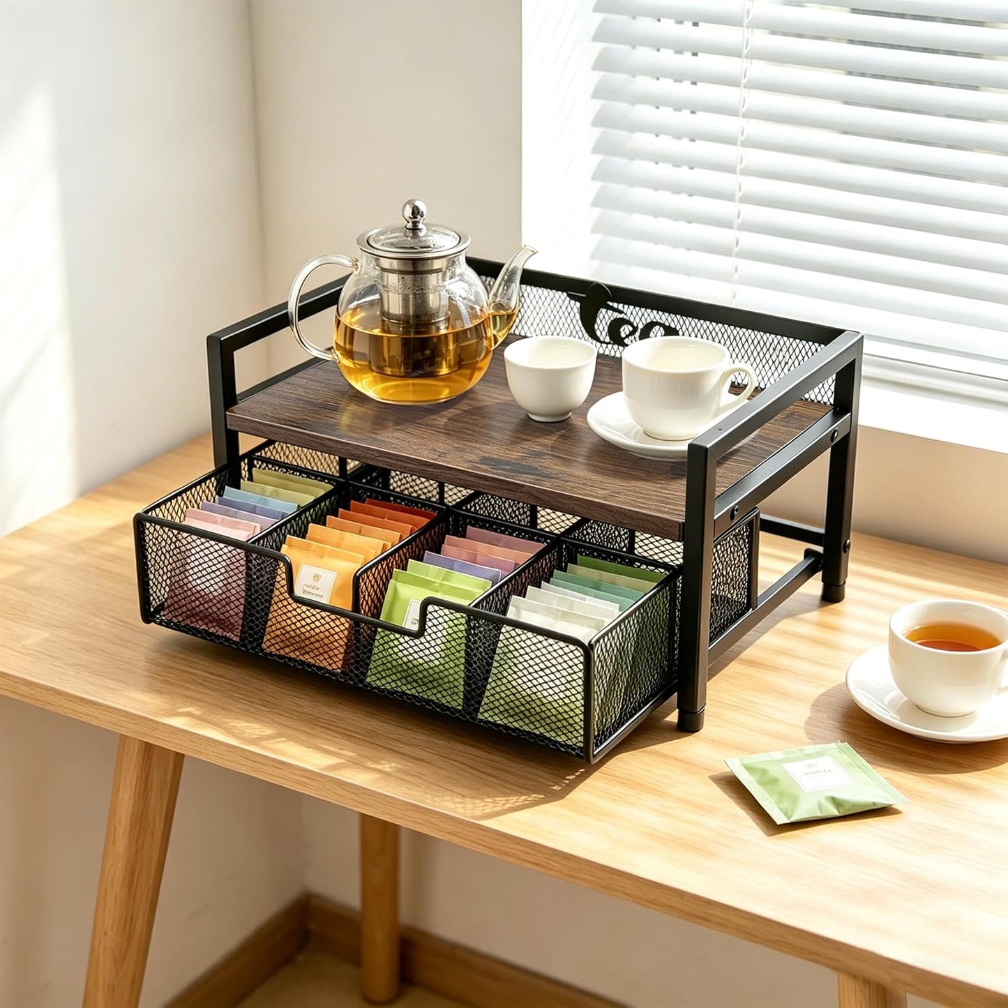2 Tier Tea Bag Organizer and Storage - 8 Drawer Sliding Tea Box Organizer, Tea Bar Accessories Organizer for Countertop, Bar Station, Kitchen (Rustic Brown)