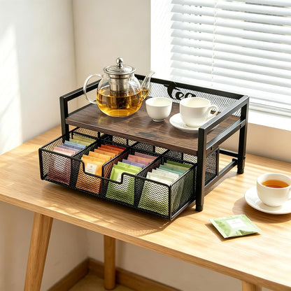 2 Tier Tea Bag Organizer and Storage - 8 Drawer Sliding Tea Box Organizer, Tea Bar Accessories Organizer for Countertop, Bar Station, Kitchen (Rustic Brown)