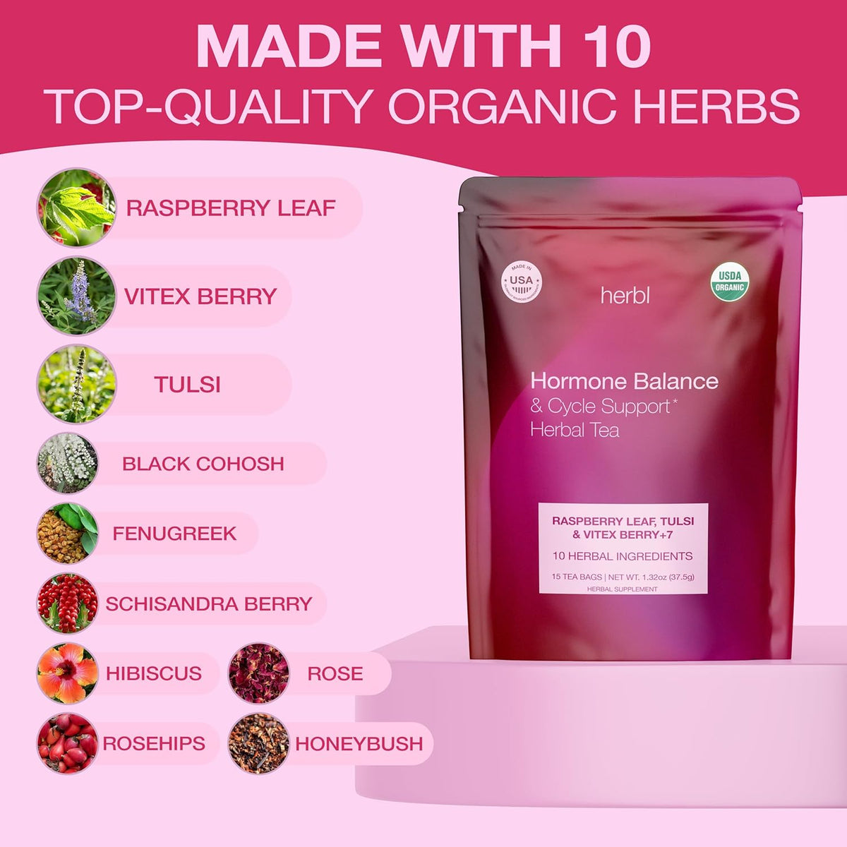 Organic Hormone Balance Tea for Women – Raspberry Leaf, Vitex & Tulsi – Herbal Hormone Balance Tea for PMS, PCOS, Perimenopause, Mood & Cycle Support – Caffeine-Free, USDA Organic