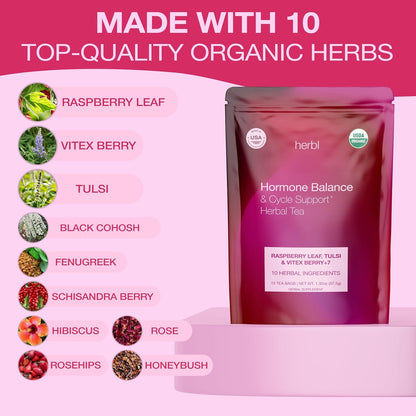 Organic Hormone Balance Tea for Women – Raspberry Leaf, Vitex & Tulsi – Herbal Hormone Balance Tea for PMS, PCOS, Perimenopause, Mood & Cycle Support – Caffeine-Free, USDA Organic