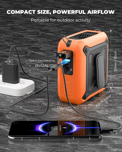 Portable Waist Fan Clip on Belt Under Shirt w/LED Display & Flashlight, 8000mAh Battery Powered, Rechargeable 5-Speed 14600RPM Personal Cooling Fan for Construction, Warehouse, Outdoor Jobsite, Orange