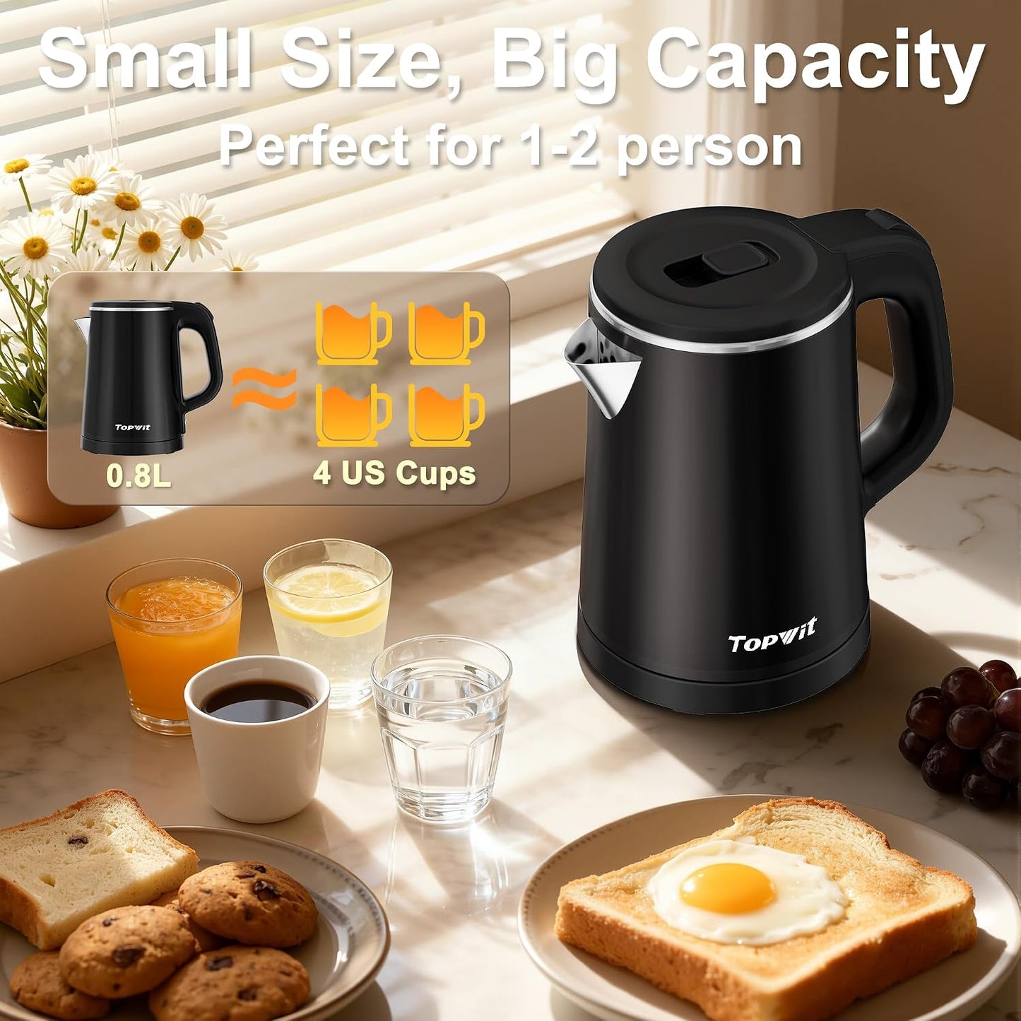 TOPWIT 0.8L Small Electric Kettle, Portable Travel Kettle, Stainless Steel
