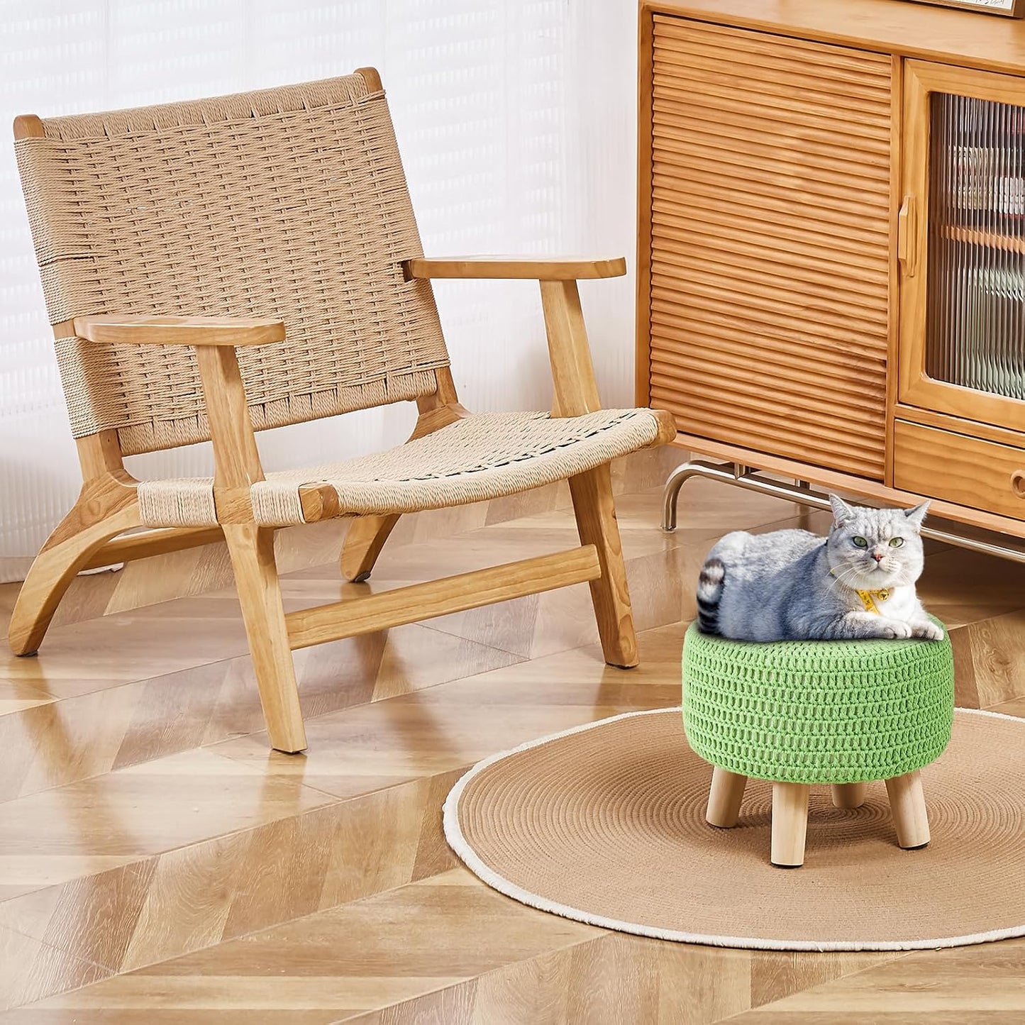 Wimarsbon Pouf Ottoman, 100% Cotton Knitted Boho Footstool, Round Footrest with Non-Skid Wood Legs, Home Décor Handmade Pouffe, Leisure Floor Step Stool for Living Room (Beige)