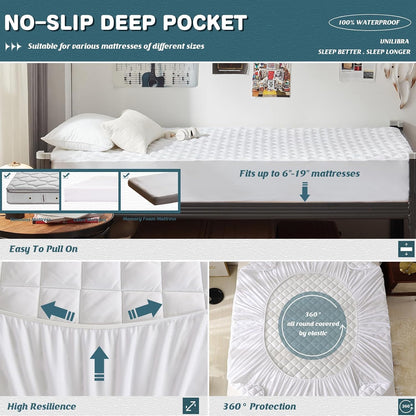 UNILIBRA Queen Mattress Protector Waterproof, Deep Pocket Mattress Pad Cover Fits to 6''-21'', Breathable Hollow Cotton Filling Quilted Mattress Protector for Queen Size