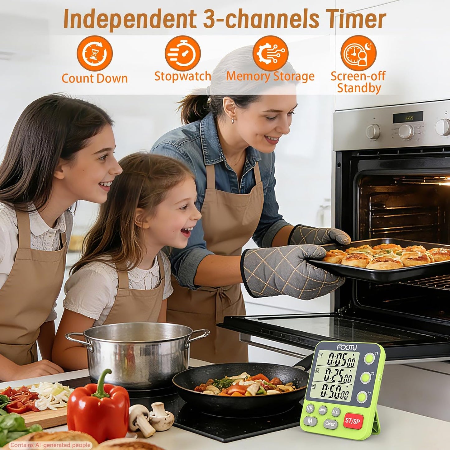 Digital Dual Kitchen Timer, 3-Channel Magnetic Countdown Timer for Cooking