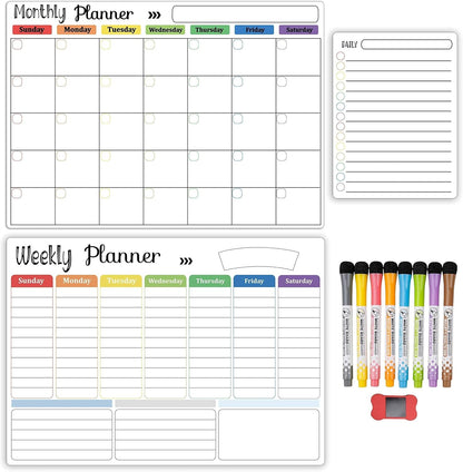 Hivillexun Magnetic Black Dry Erase Calendar White Board Set (3-Pack) - Monthly, Weekly Planners & Daily Notepad for Fridge, Home & Office, Includes 8 Markers