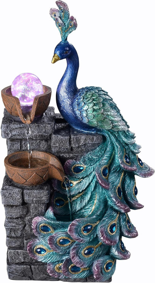 MAOCHI Tabletop Water Fountain Decor, Peacock with LED Glass Color Changing Globe,Relaxation Decorative Desktop Water Zen Fountain for Home/Office,Living Room Décor.13.78" Tall