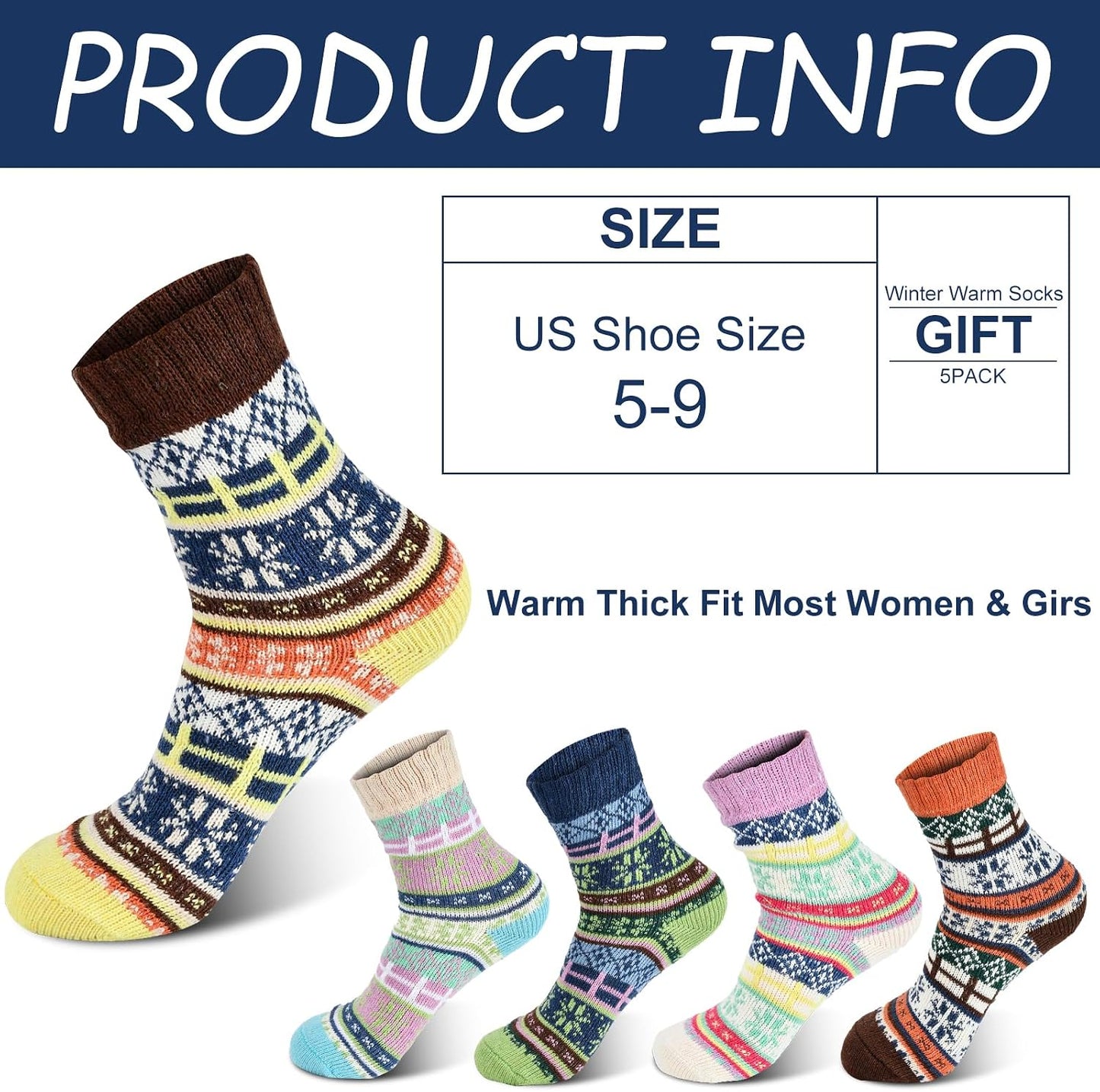 YANGYANG 5 Pairs Winter Warm Thick Crew Knit Socks for Women, Christmas Gifts, Stocking Stuffers
