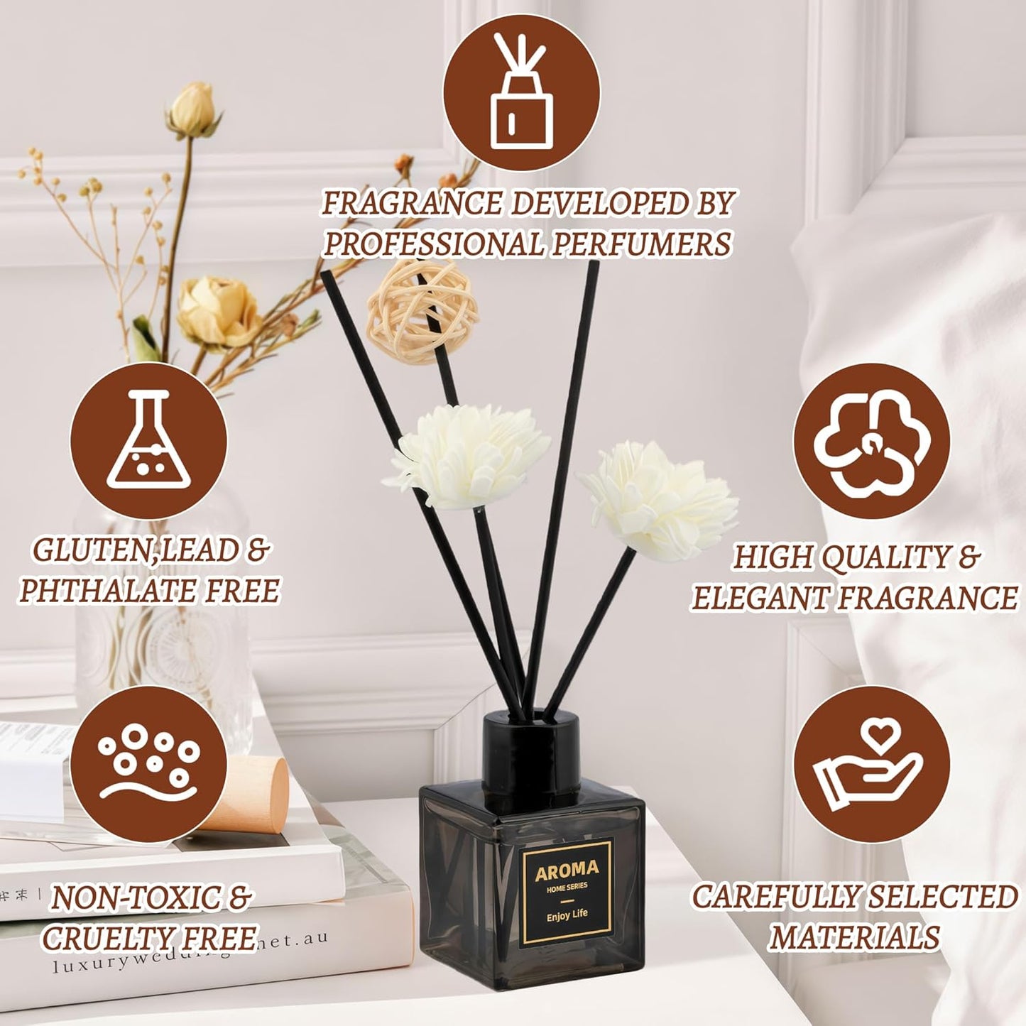 Reed Diffuser Set, 1.7 fl oz Scent Diffuser with Sticks, Jasmine Scent for Bathroom Accessories Shelf Decor, Air Fresheners for Home, Home Fragrance Products, House Office Room Decor Aesthetic Gift