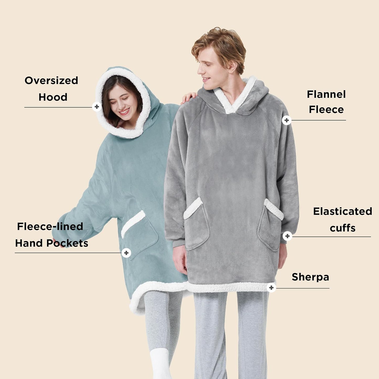 Bedsure Blanket Hoodie, Wearable Blanket Hoodie as Gifts for Mom, Birthday Gifts for Women Kids Teens Mother's Day Sherpa Sweatshirt, Grey, Standard