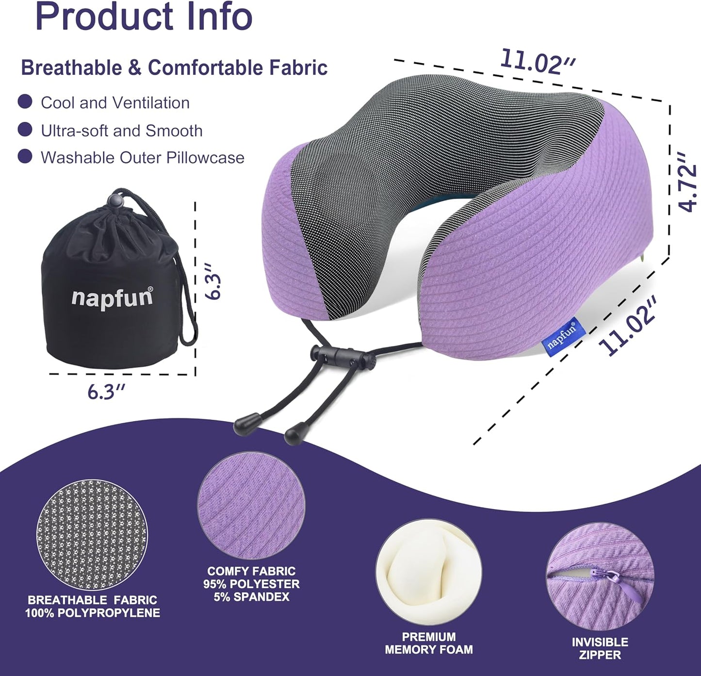 napfun Neck Pillow for Traveling, Upgraded Travel Neck Pillow for Airplane 100% Pure Memory Foam Travel Pillow for Flight Headrest Sleep, Portable Plane Accessories, Light Grey