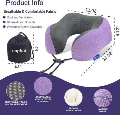 napfun Neck Pillow for Traveling, Upgraded Travel Neck Pillow for Airplane 100% Pure Memory Foam Travel Pillow for Flight Headrest Sleep, Portable Plane Accessories, Light Grey