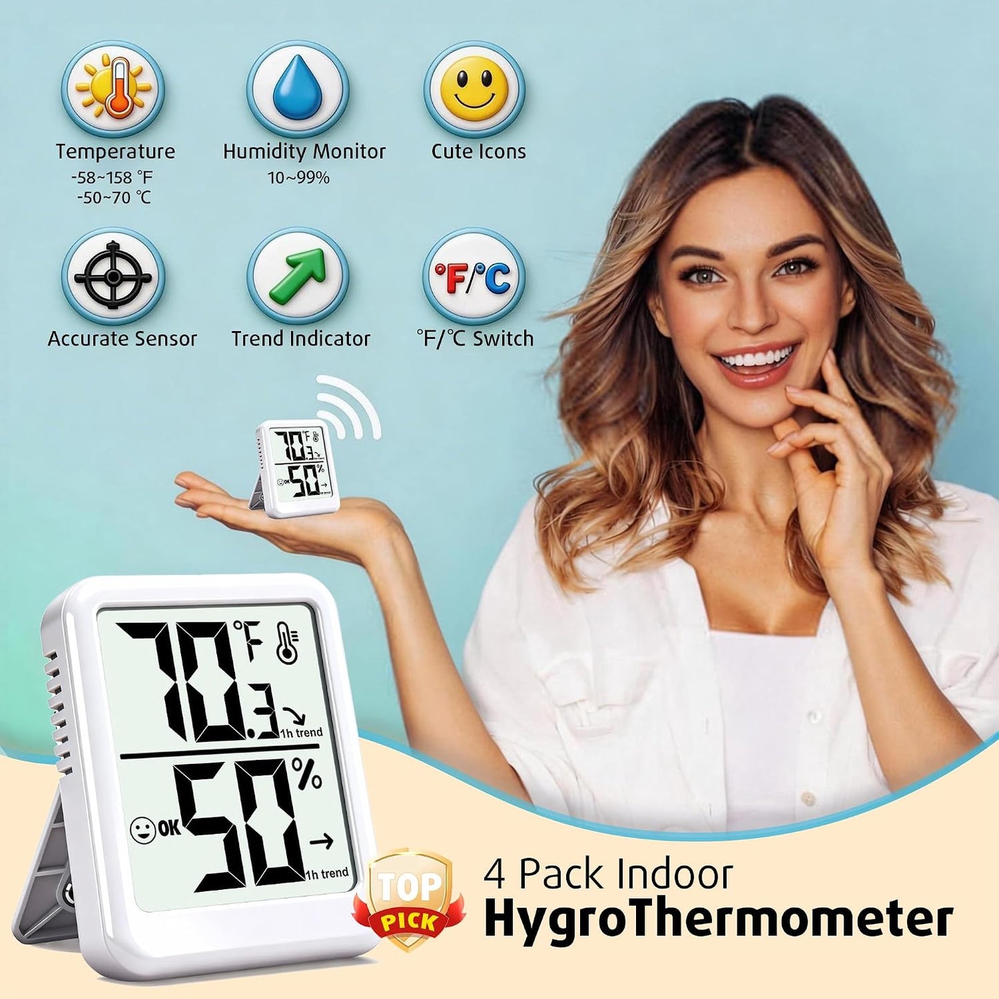 4-Pack Room Thermometer Indoor Hygrometer, Small Digital Temperature and Humidity Monitor Sensor, Temperature Humidity Gauge Meter for Home Baby Room, Plants, Pets - AAA Battery Included