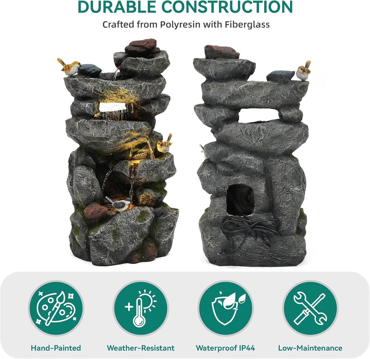 19.5" H 4-Tier Indoor & Outdoor Water Fountain with LED Lights | Resin Pebble Textured Tabletop Cascading Water Feature, Relaxing Decor for Patio, Porch, Deck, Yard & Home