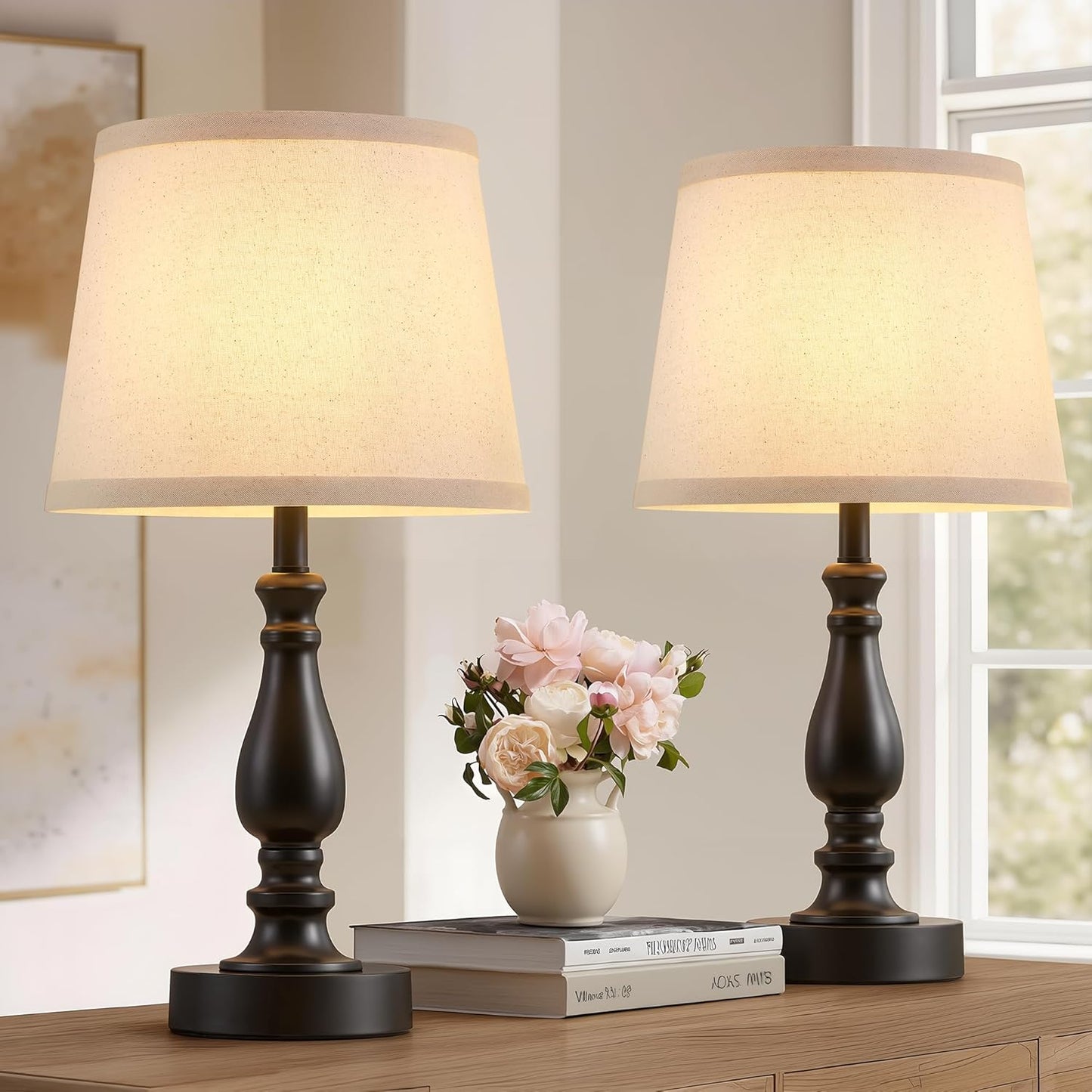 EJIAXIN Lamps for Bedrooms Set of 2, Brushed Nickel Bedside Lamps with USB C+A Ports,Dimmable Nightstand Lamps with Fabric Lampshade, Touch Table Lamp for Living Room Bedroom Office, Bulbs Included