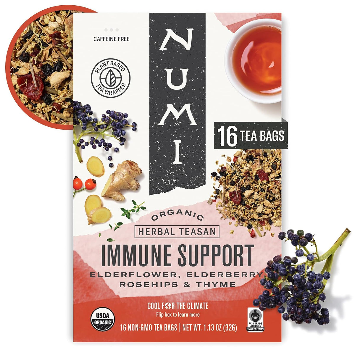 Numi Organic Immune Support Tea, 16 Herbal Tea Bags, Caffeine Free