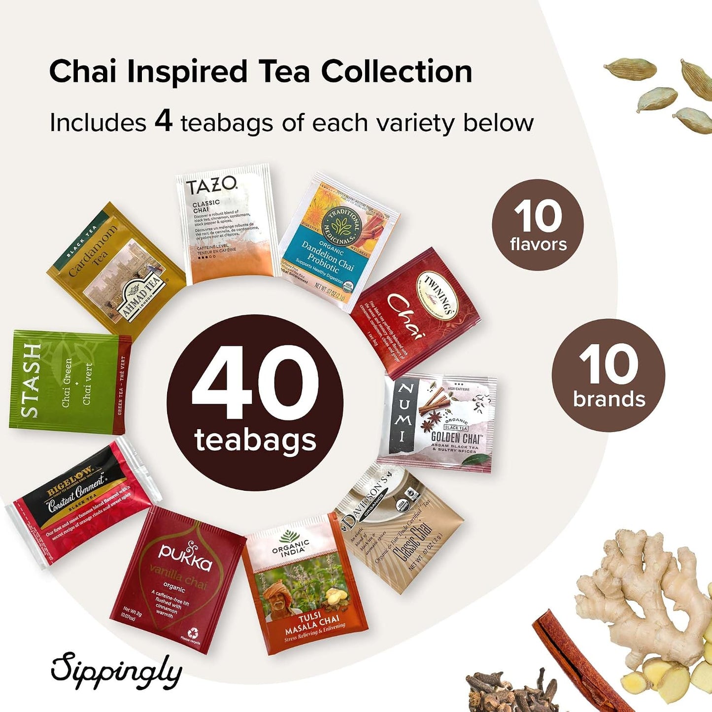 Sippingly Night Time Tea Sampler – 40 Herbal Teas – 10 Flavors from Top Brands – Chamomile, Lavender, Passionflower – Perfect Relaxation & Calm Support – Ideal Wellness Gift – Kosher, Gluten-Free