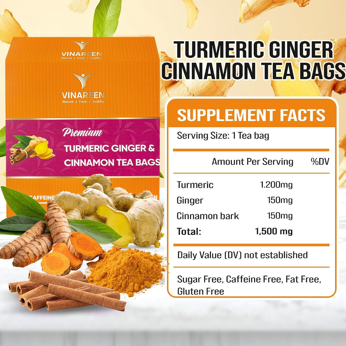 VINAREEN Turmeric Ginger Cinnamon Herbal Tea, 100 Tea Bags, Supports Digestion, Premium Natural Ingredients, Eco-Conscious Tea Bags, Caffeine-Free, Sugar-Free, Gluten-Free, Vegan.