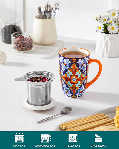 vancasso Ceramic Tea Mug with Infuser and Lid, 18 Ounce Bohemian Loose Leaf Cup, Microwave & Dishwasher Safe, Perfect for Tea, Coffee, Burnt-Cobalt Mandala