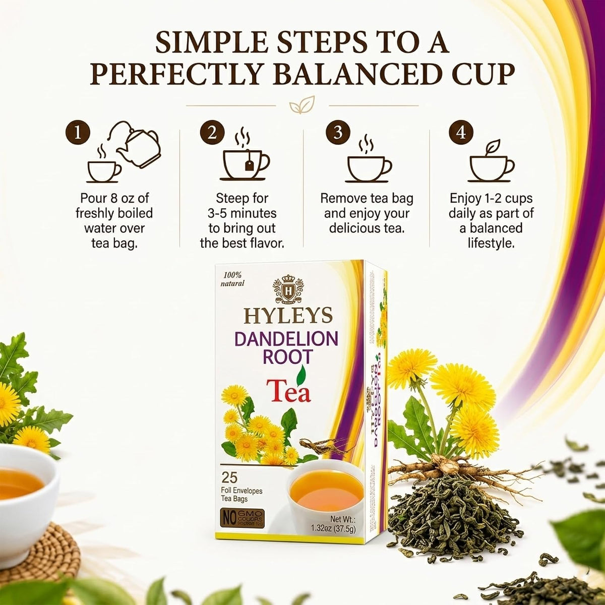 Hyleys Dandelion Root & Green Tea, Detox Blend, Wellness Blend, 25 Tea Bags