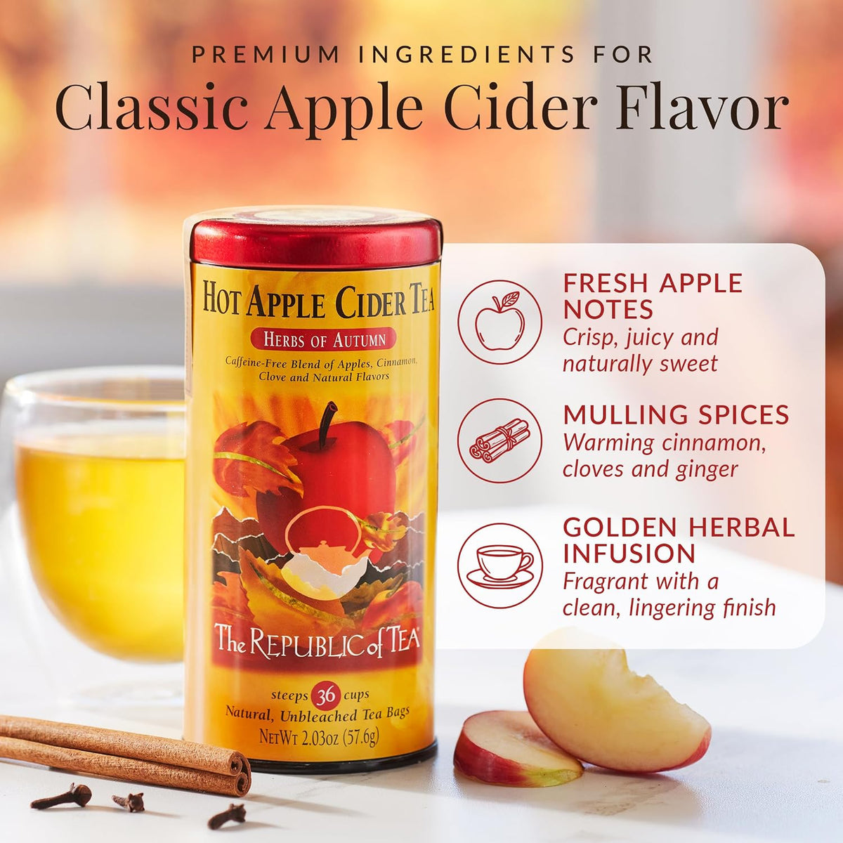 The Republic of Tea Hot Apple Cider Herbal Tea, Caffeine-Free, 36 Count