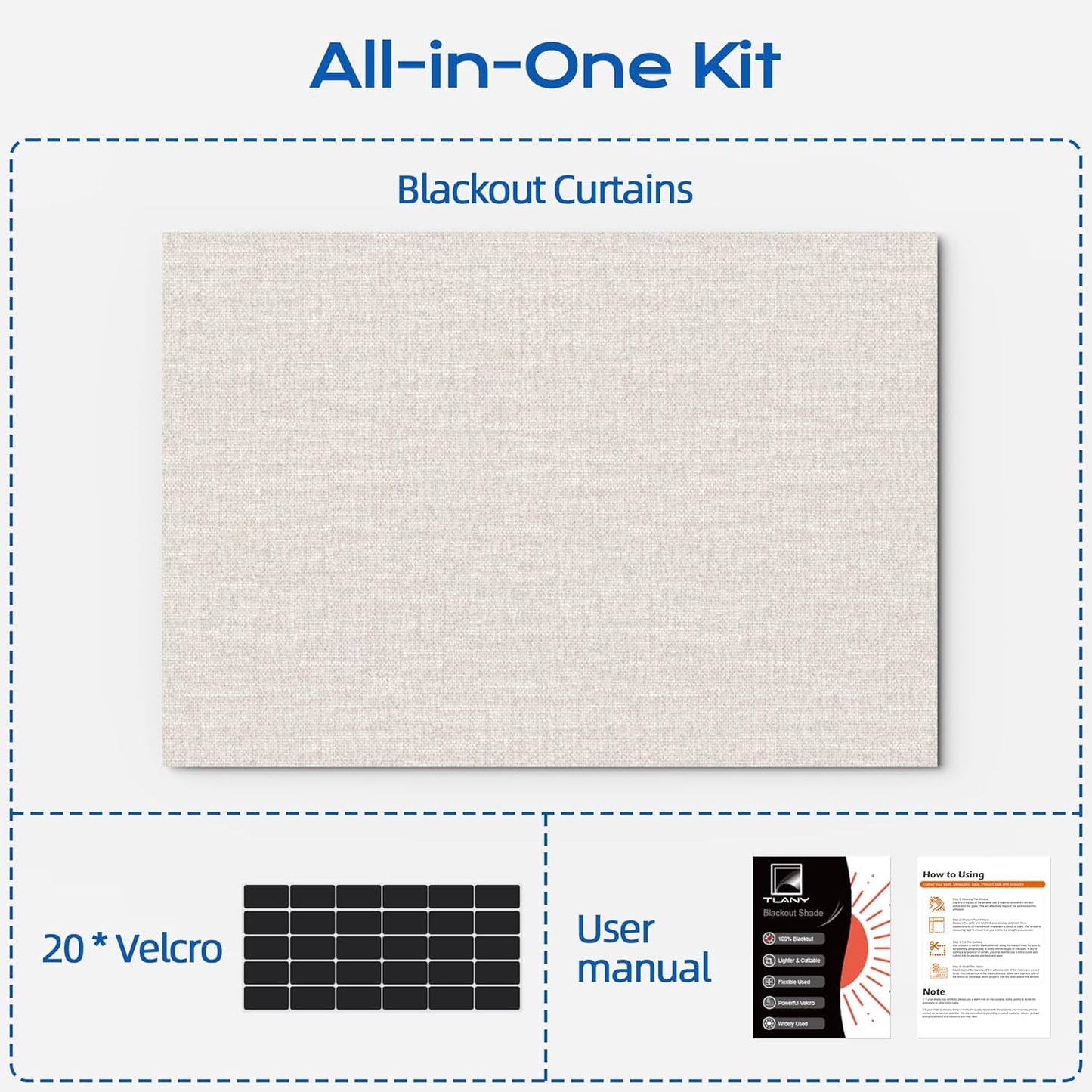 Linen Blackout Curtains for Bedroom, 70" x 58" Portable Black Out Blinds with 20 Sets Hooks & Loops Strips for 100% Blackout Window Film, Temporary Black-Out Shades for Windows Cover Travel RV- Cream