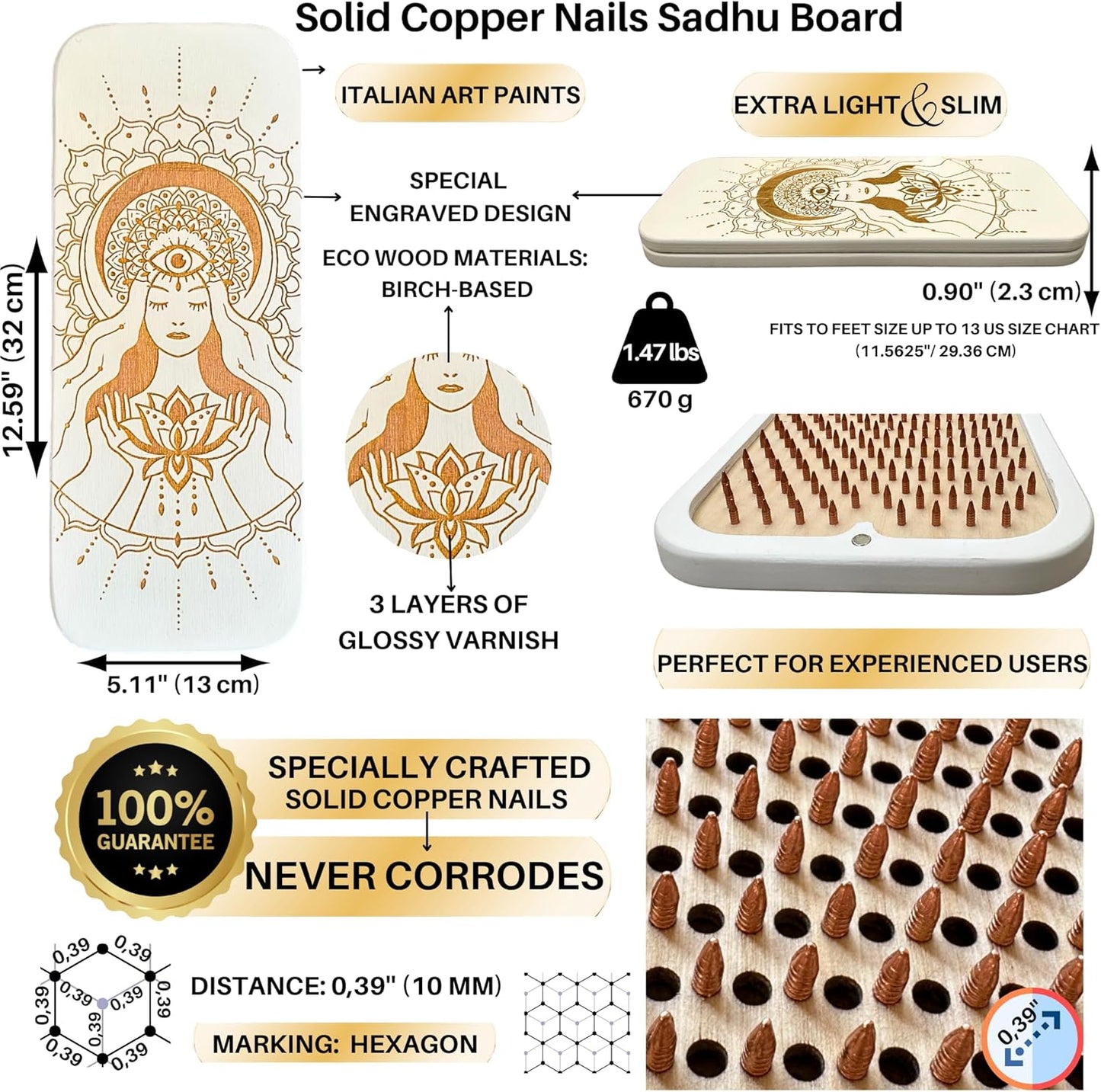 TENGRY Sadhu Board, Specially Crafted Copper Nails, 0,39 In (10 mm), Light Foot Board, Wooden Nail Boards for Feet, Acupuncture, Acupressure Mat, Nail Board, Yoga Gift