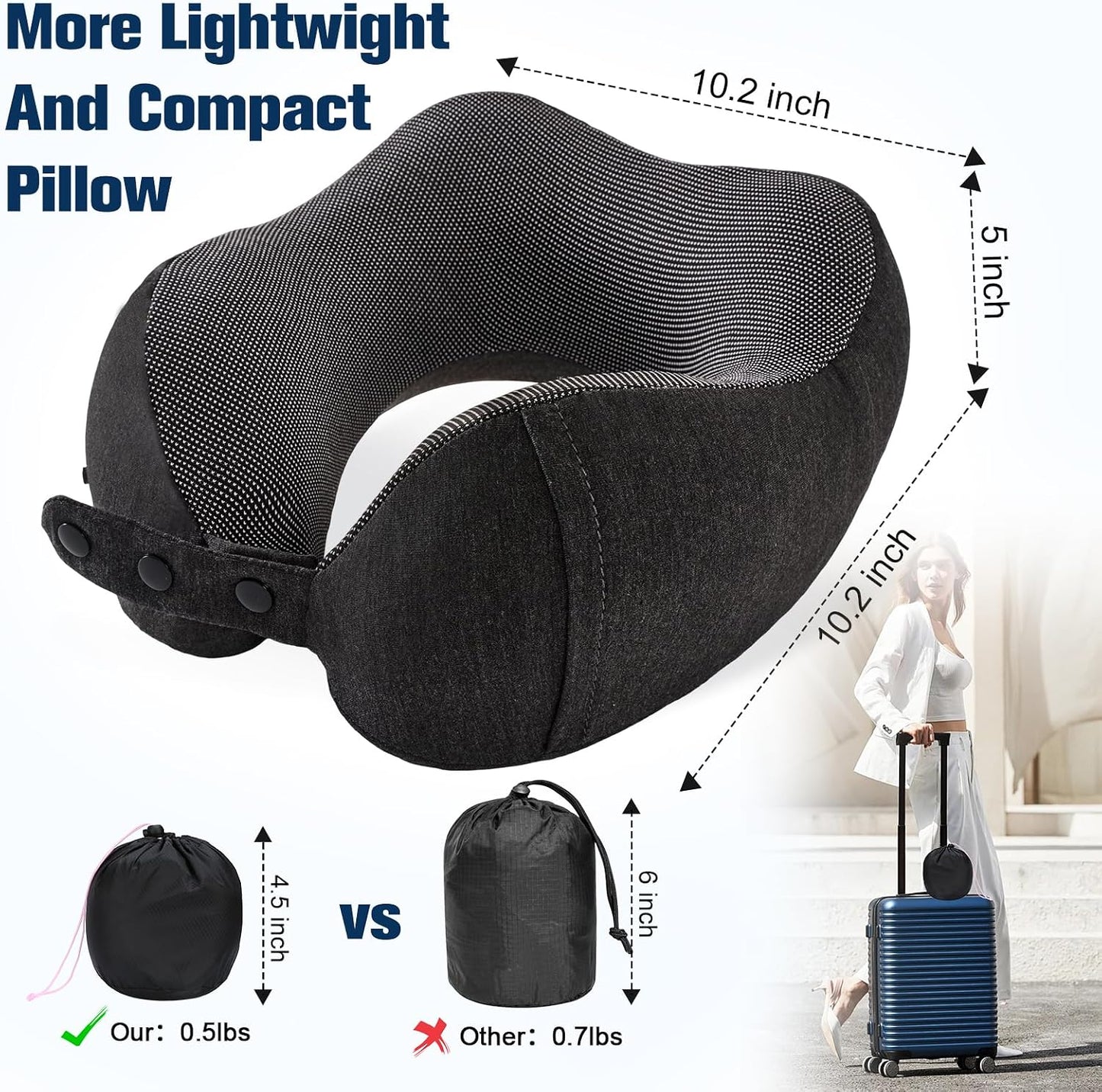 Cirorld Neck Pillow for Traveling, Travel Pillows for Airplanes,100% Pure Memory Foam Travel Neck Pillow, Adjustable Flight Pillow, Portable Plane Accessories with Eye Mask, Earplugs, Carry Bag