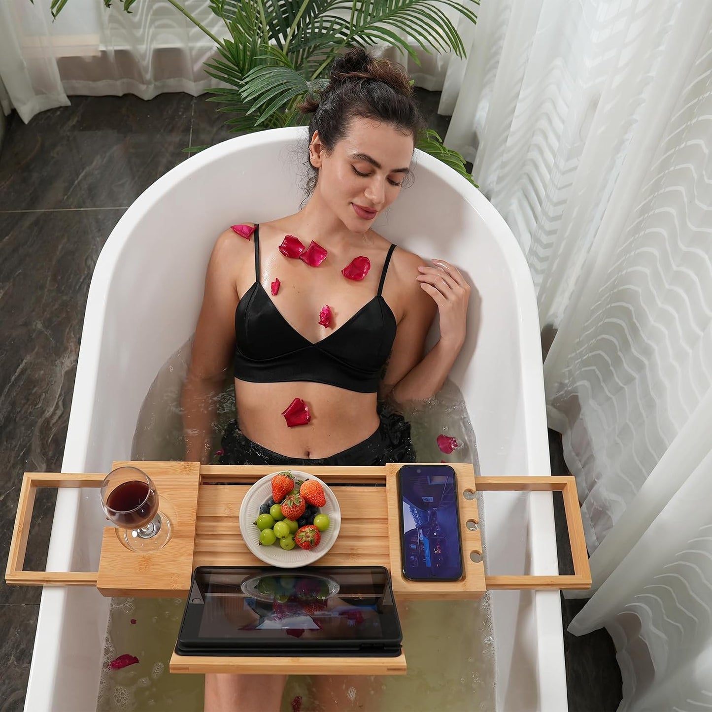 Utoplike Bamboo Bathtub Caddy Tray for Tub, Expandable Bath Table Trays