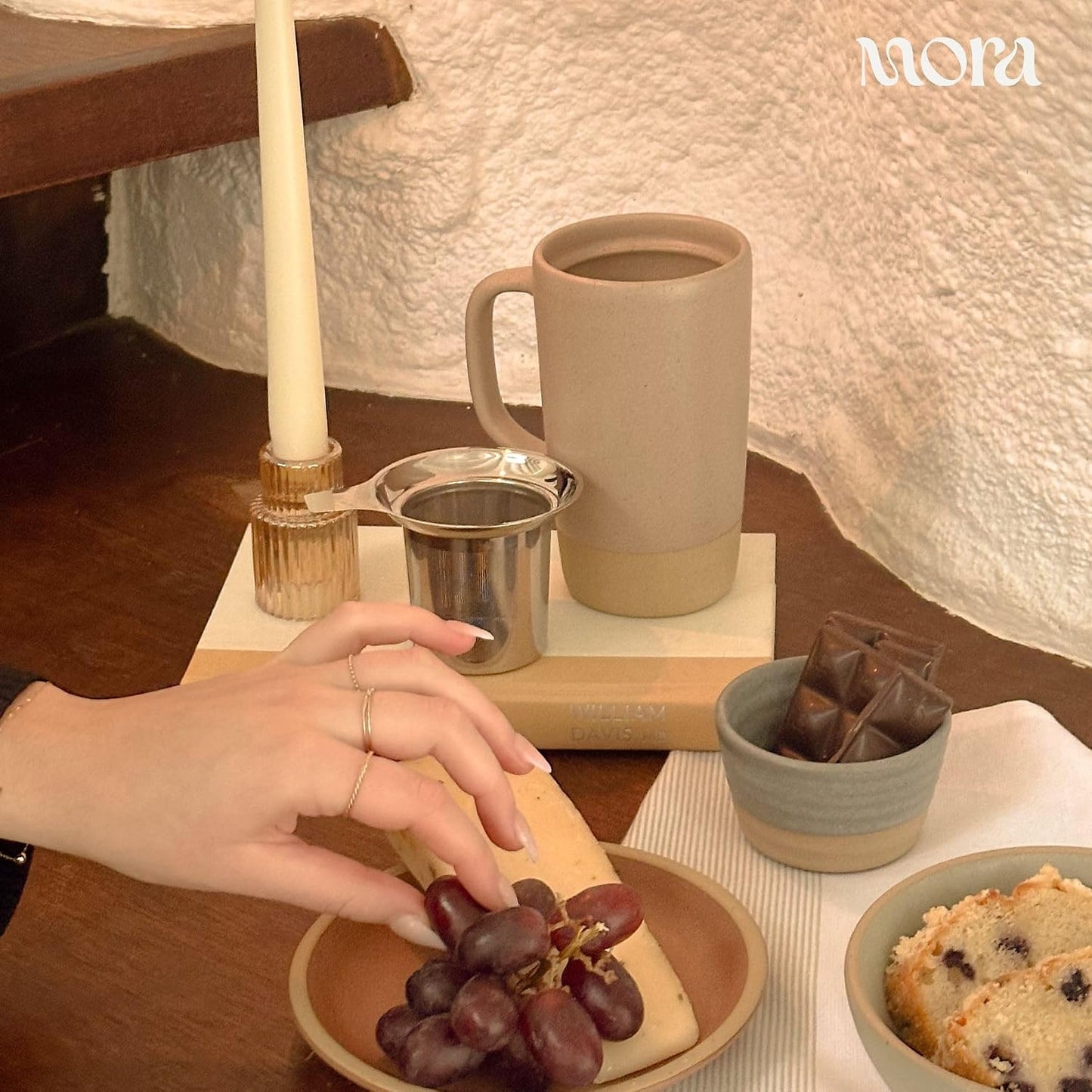 Mora Ceramics Large Tea Mug with Loose Leaf Infuser and Ceramic Lid, 18 oz, Portable, Microwave and Dishwasher Safe, Tall Coffee Cup - Rustic Matte Ceramic Glaze, Modern Herbal Tea Strainer, Olive