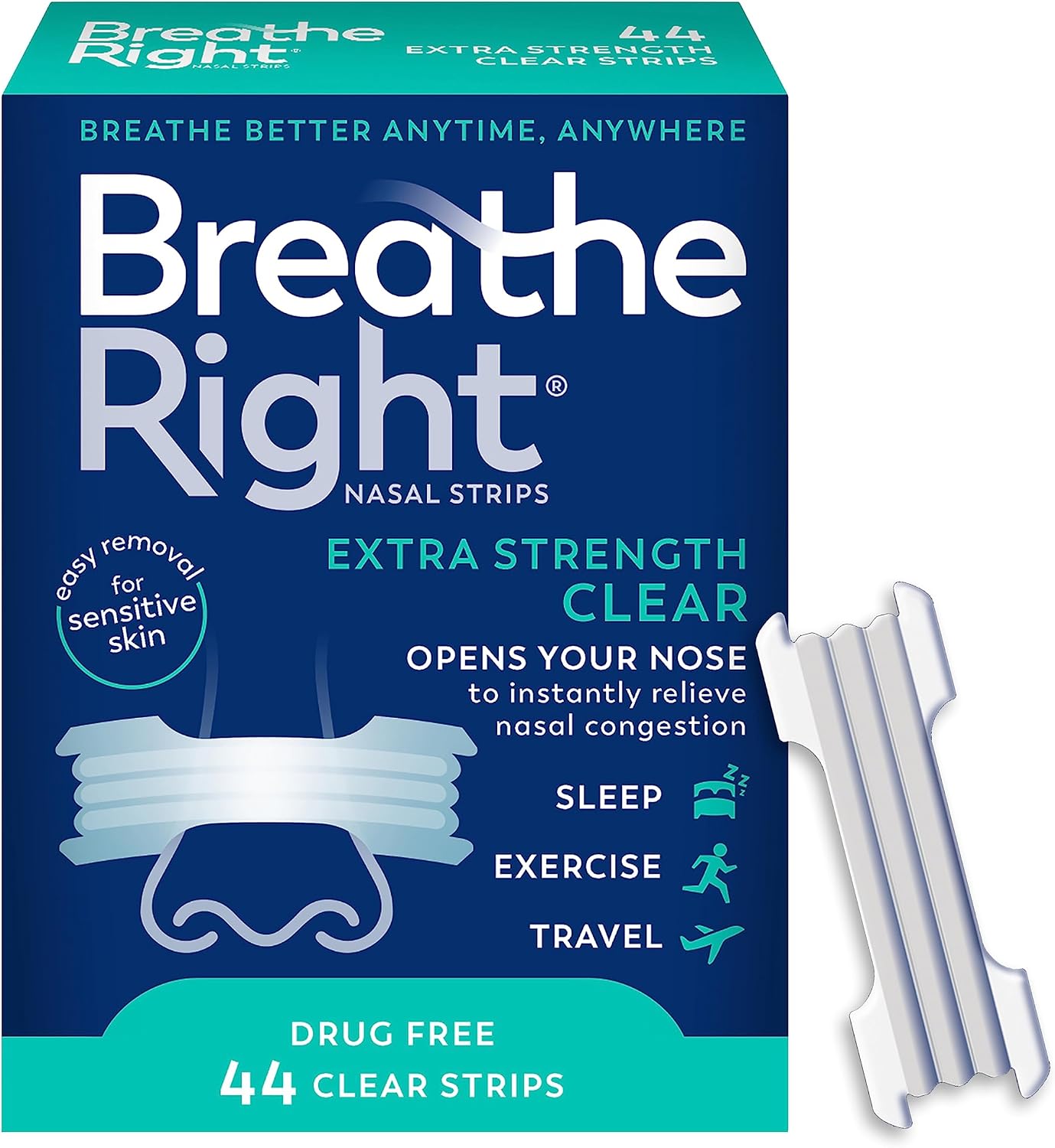 Breathe Right Nasal Strips, Extra Strength Clear Nose Strips, Drug Free Nasal Congestion Relief for Better Breathing, Help Relieve Snoring, Caused by Colds & Allergies, Deviated Septum, 44ct