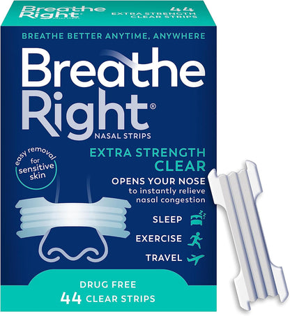 Breathe Right Nasal Strips, Extra Strength Clear Nose Strips, Drug Free Nasal Congestion Relief for Better Breathing, Help Relieve Snoring, Caused by Colds & Allergies, Deviated Septum, 44ct