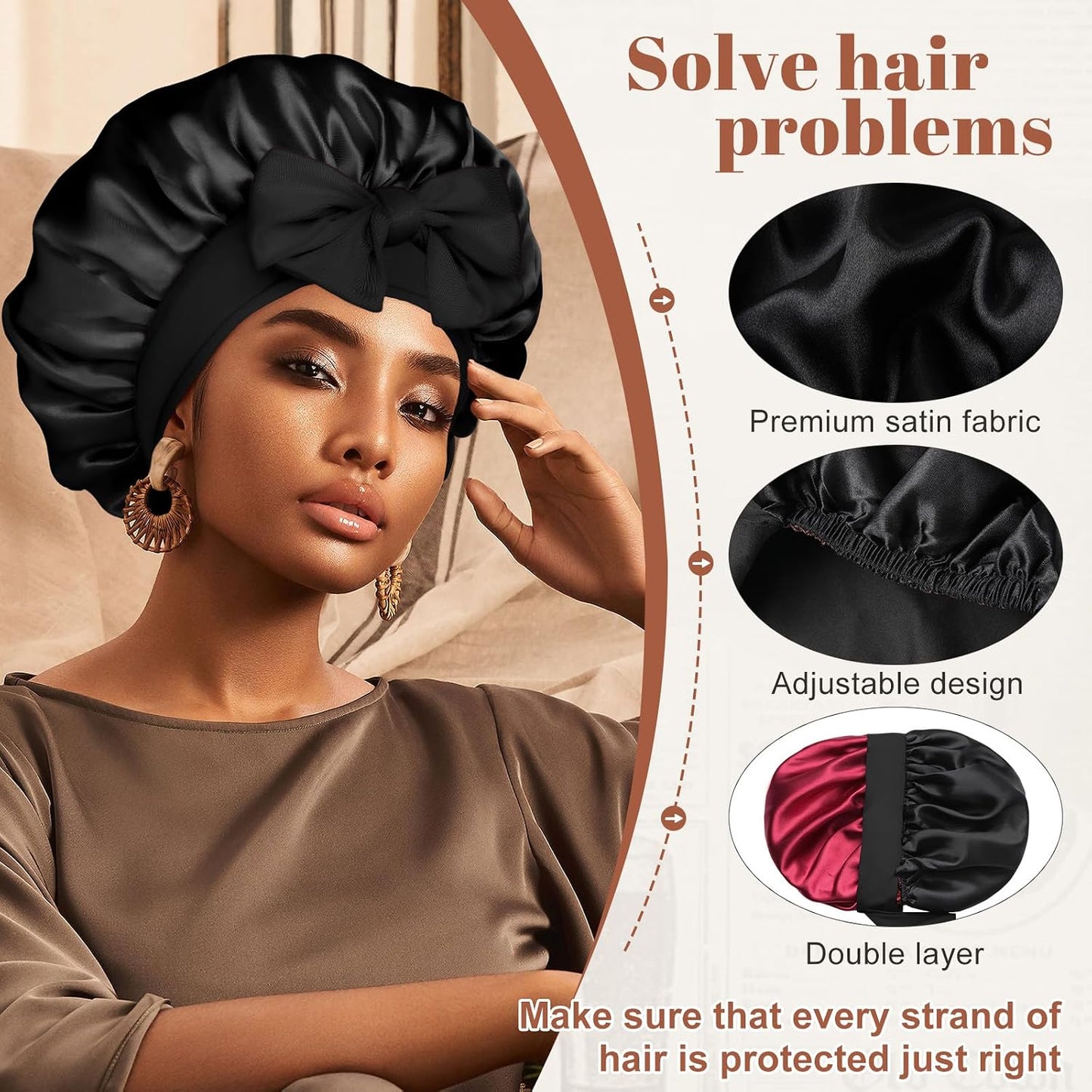 Satin Bonnet for Sleeping Cap Double Layer Hair Bonnet with Elastic Tie Band for Curly Hair Night Cap (Bean Paste + Pink)