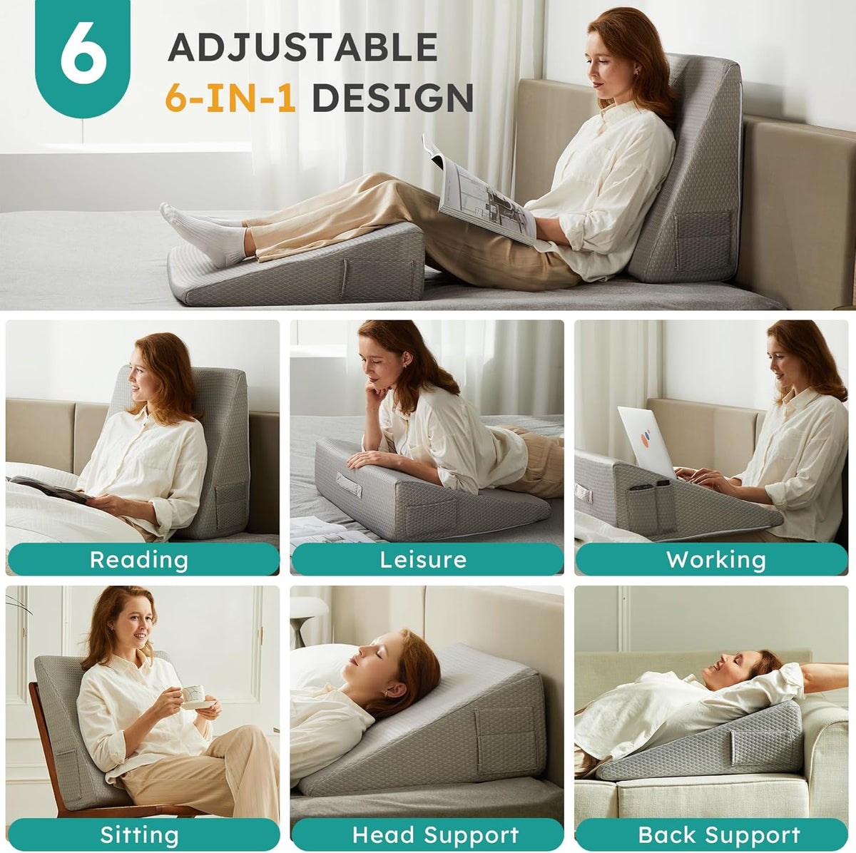 Bedluxe Wedge Pillow, 10 inch Bed Wedge Pillow for Headboard, Pillow Wedge for Acid Reflux Relief, Sleeping, Back Pain Relief, Snoring, Triangle Pillow Wedge, White/Grey