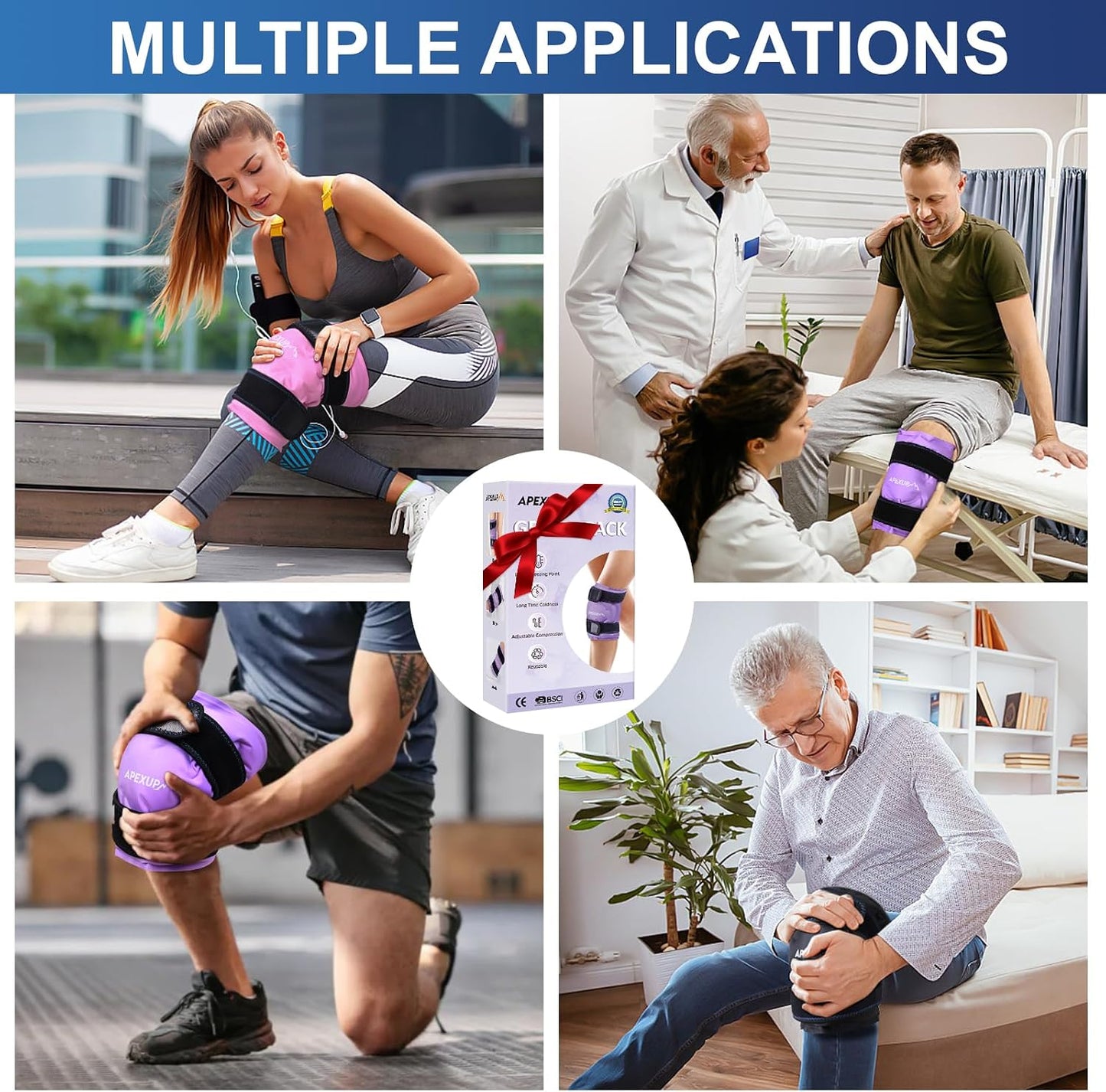 APEXUP Ice Pack for Knee Pain Relief, Large Reusable Wrap After Surgery, Flexible Gel Cold Pack for Injuries, Pain Relief for Back, Shoulder, Elbow, Ankle and Leg (Blue, L, 1PK)
