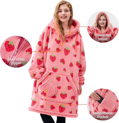 Giggling Getup Wearable Blanket Hoodie for Adults Gifts for Teen Girls Sister Women Sherpa Fleece Printed Hooded Blanket Sweatshirt Warm Cozy with Pocket & Sleeves Beige Cat