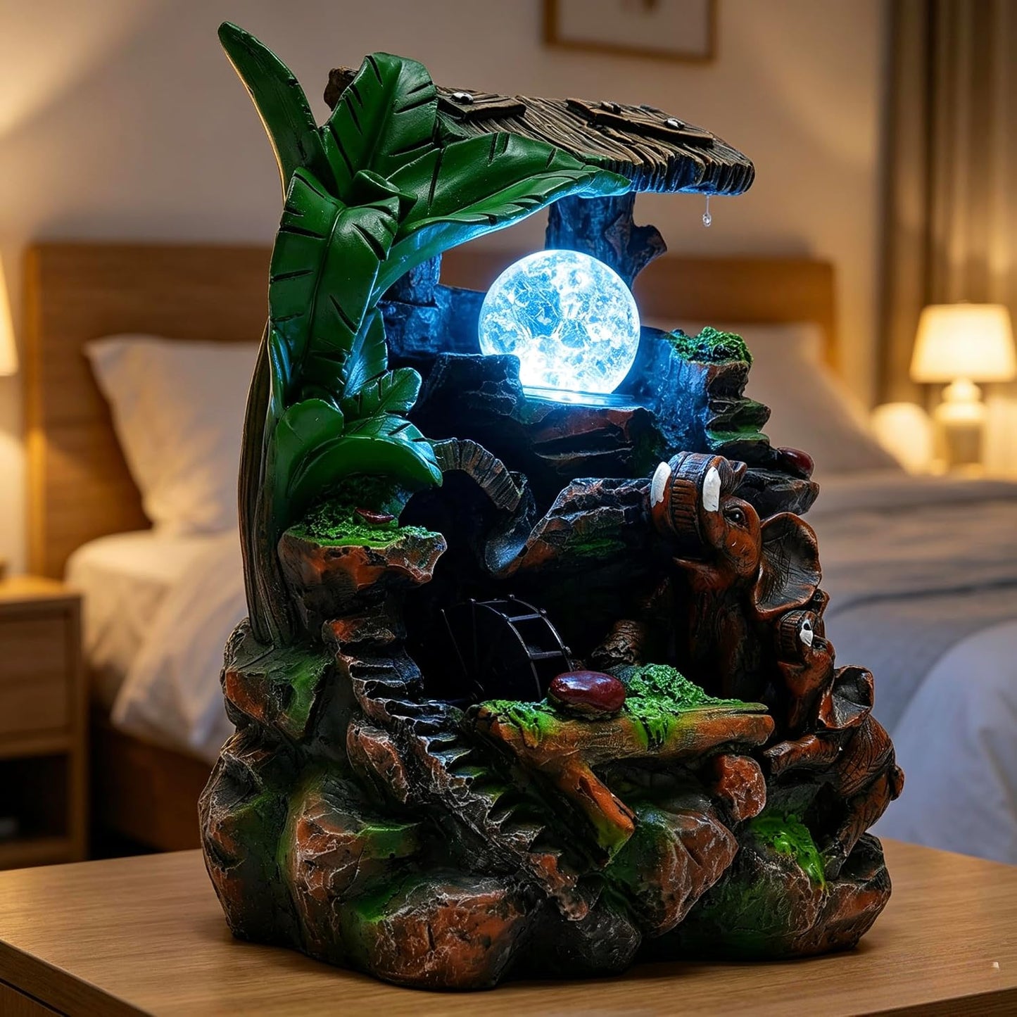Mini Artificial Bonsai Tree Waterfall Fog Feature Rock Tabletop Fountain | 11in Desktop Decor Waterfall Fountain W/ Water Pump& Atomizer&LED Lights &Fake Tree Office Bedroom Relax