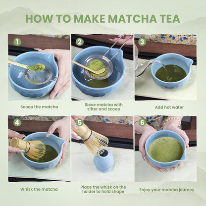 Matcha Whisk Set – Ceramic Matcha Bowl with Pour Spout, Bamboo Whisk, Whisk Holder, Scoop, Sifter – Japanese Matcha Kit for Beginners (Pink)